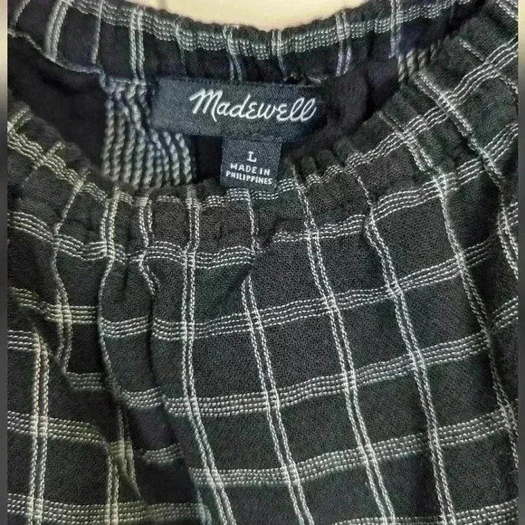 Madewell Plaid Off or On the Shoulder Top Sz Large Black/ White Tie Sleeves - Picture 6 of 8